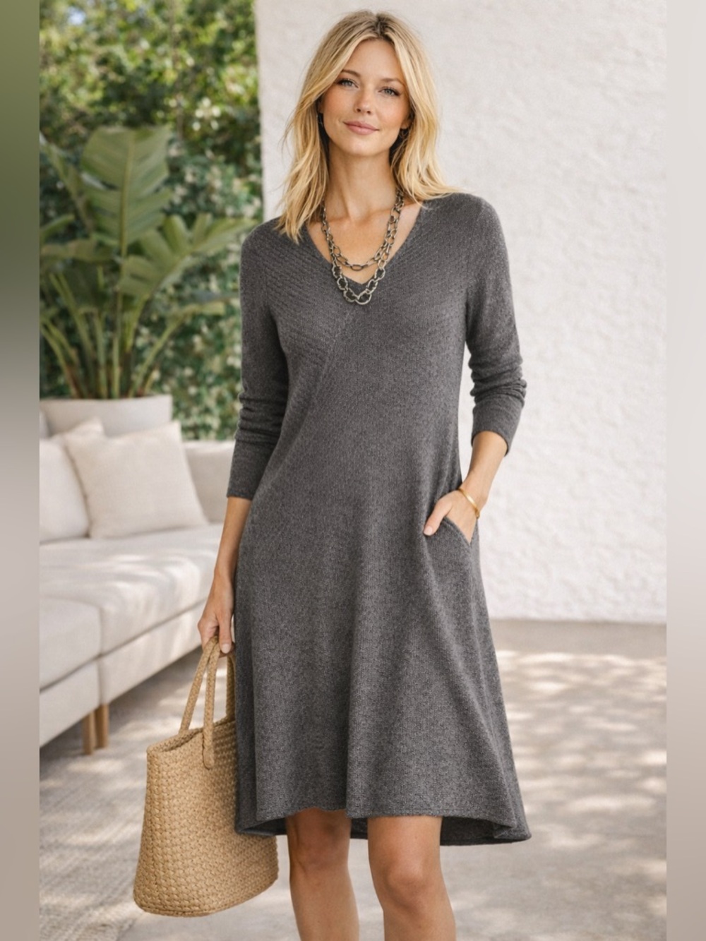 Eileen Fisher Charcoal Gray Merino Wool Ribbed Sweater Dress Small